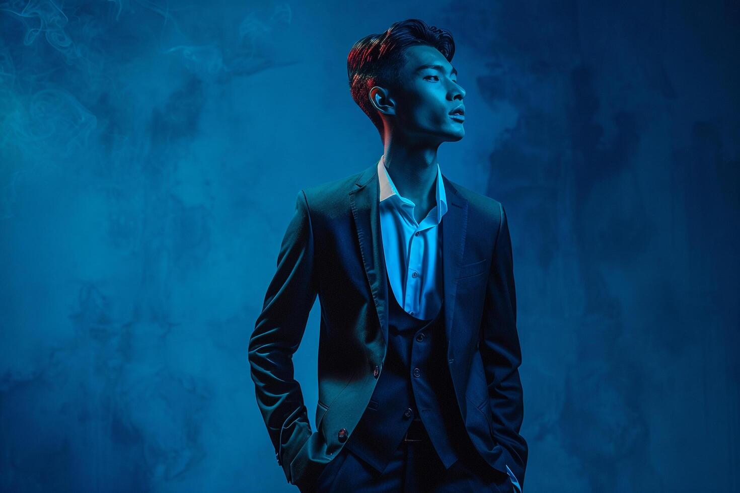 Handsome Fashion Male Model in Charcoal Suit with Neon Blue Background elegant and Chic Lifestyle portrait with a Stylish Touch photo
