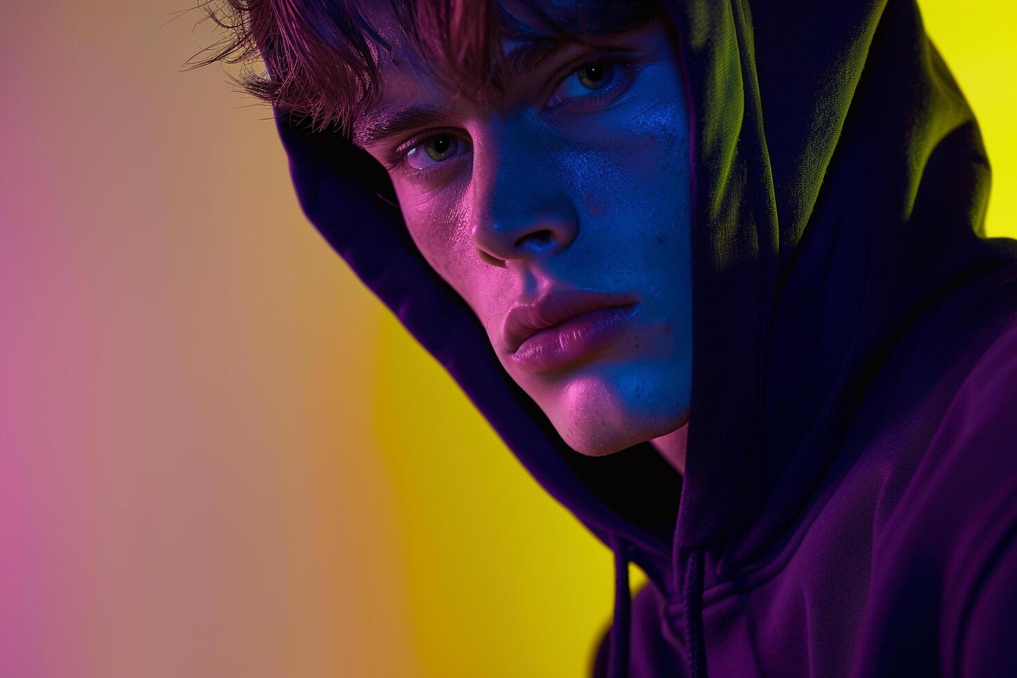 Fashion Male Model in Dark purple Hoodie with Neon Yellow Background Trendy and Chic Lifestyle portrait for Fashion enthusiasts photo