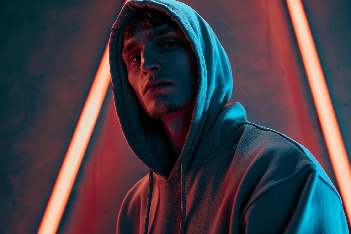 Dark Grey Hoodie Fashion Male Model with Neon Coral Background Chic and Trendy Lifestyle portrait for Urban Style photo