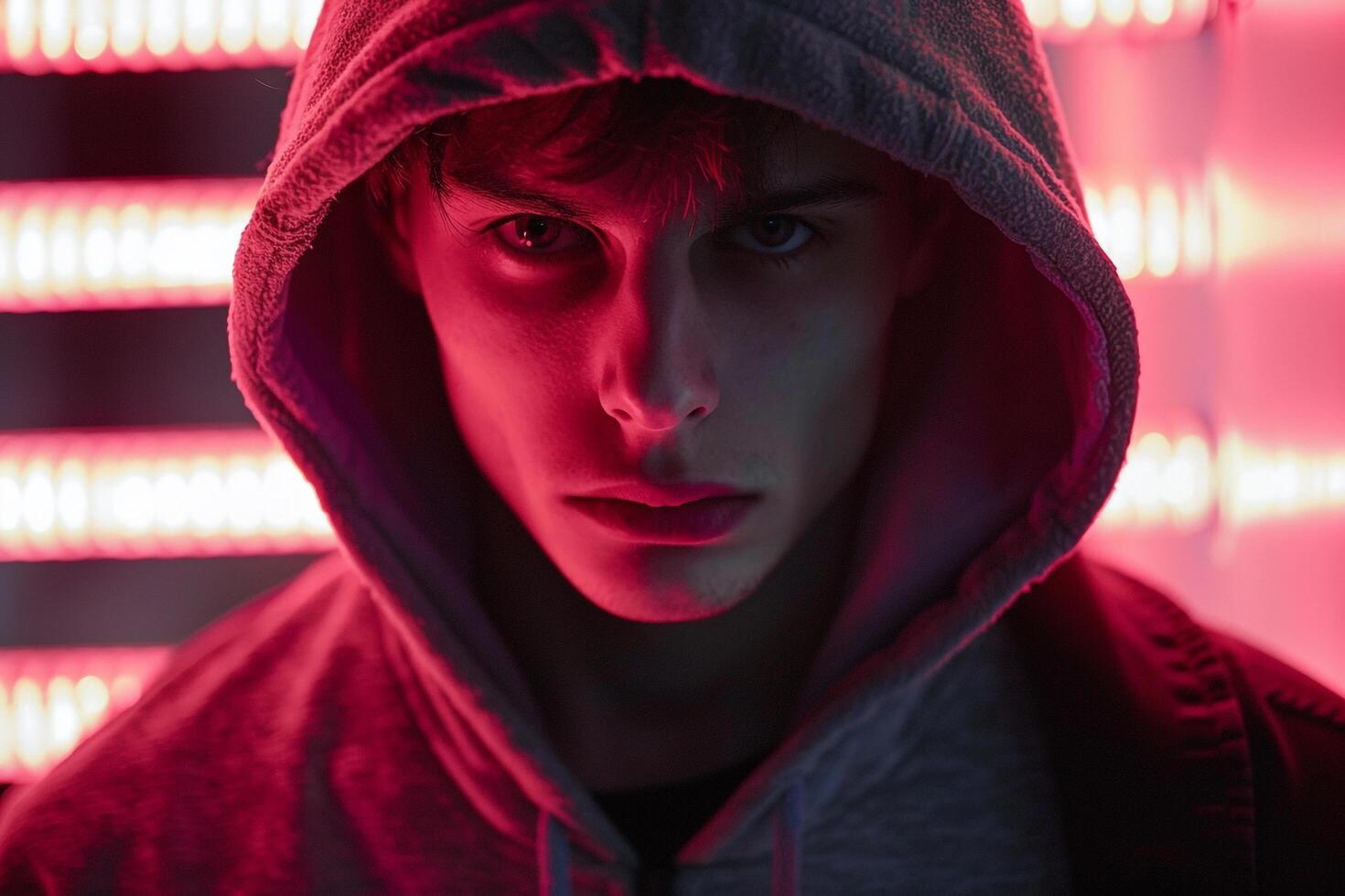 Trendy Dark Grey Hoodie Fashion Male Model with Neon Coral Background Chic Lifestyle portrait for Urban Fashion photo