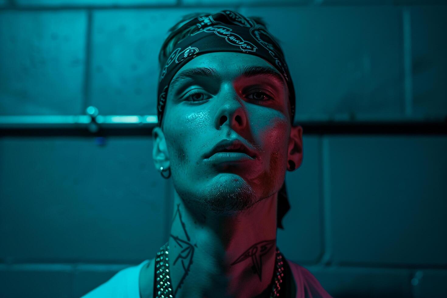 Matte Black Bandana Fashion Male Model with Neon Teal Background Trendy and Stylish Lifestyle portrait for Modern Apparel photo