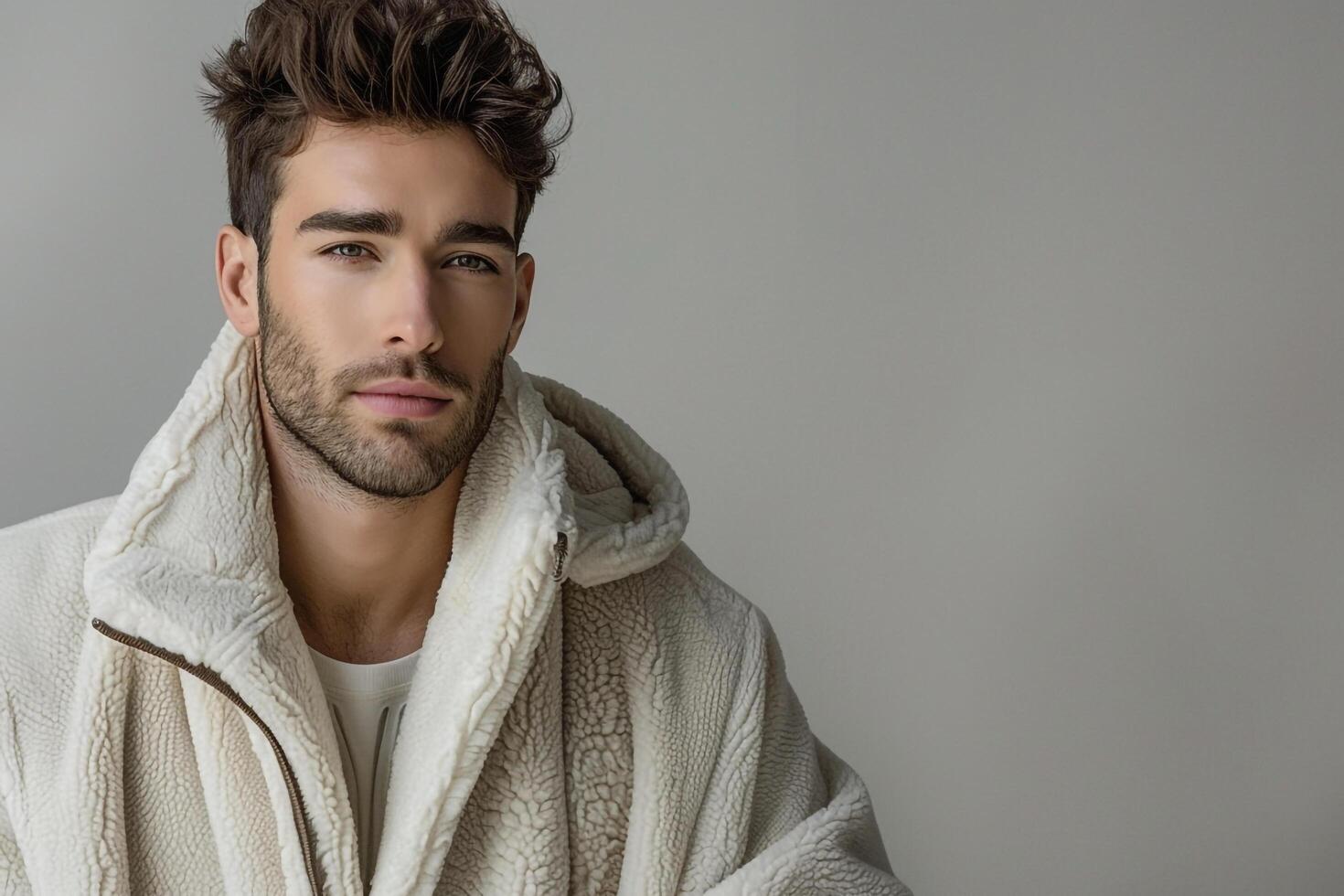 Fashion Male Model in polished Fleece Jacket with Outfit Background Casual Lifestyle portrait for Trendy and Stylish Looks photo