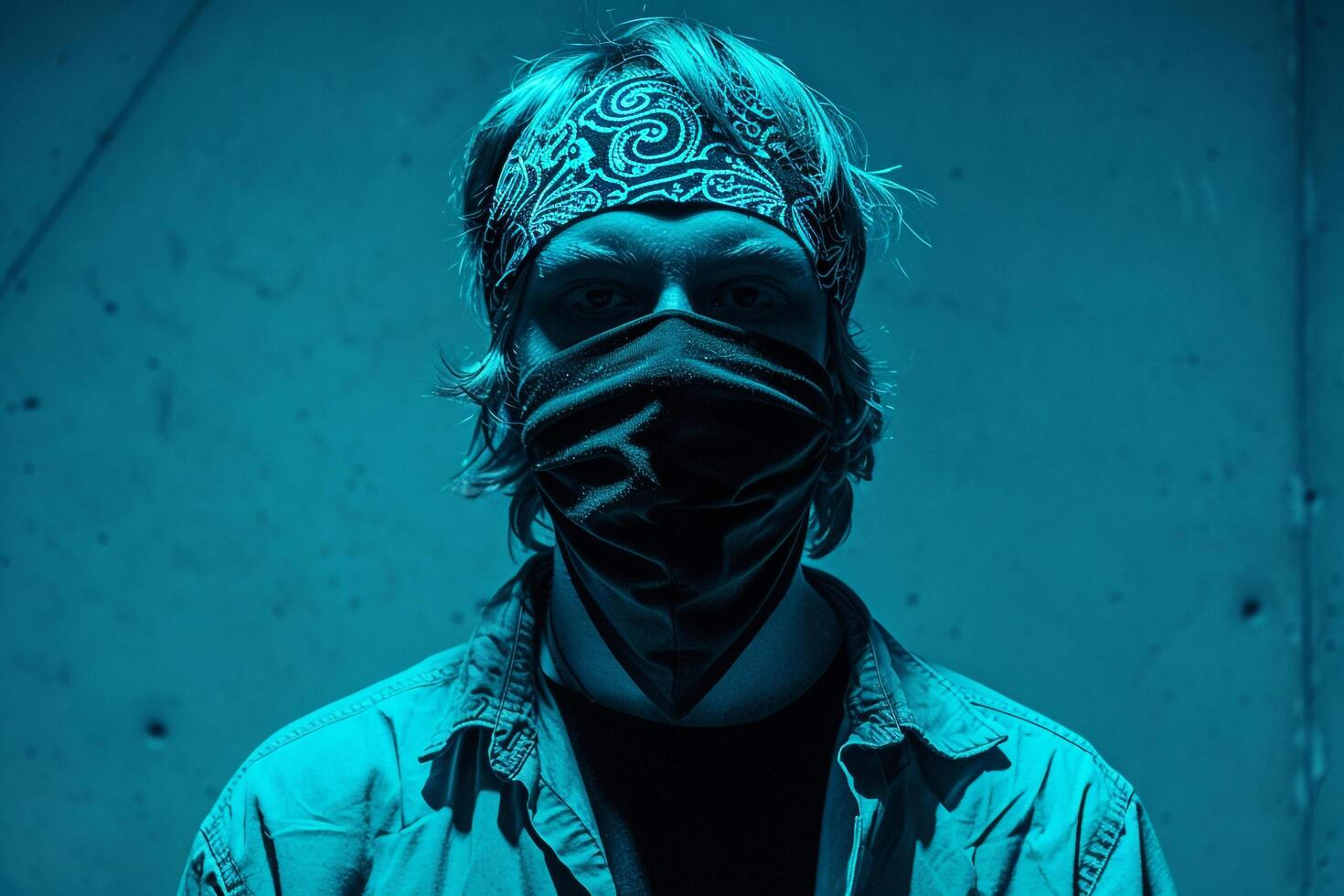 Matte Black Bandana Fashion Male Model with Neon Teal Background Chic and Trendy Lifestyle portrait for Modern Fashion photo