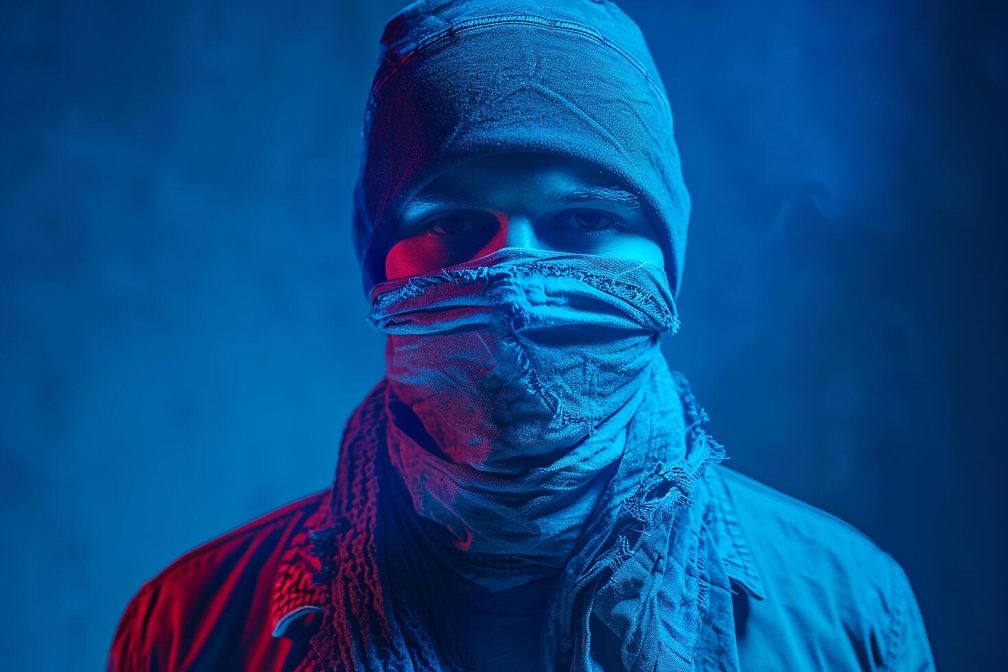 Fashion Male Model in Charcoal Gray Face Mask with Neon Blue Background Chic and Trendy Lifestyle portrait for Urban Style photo
