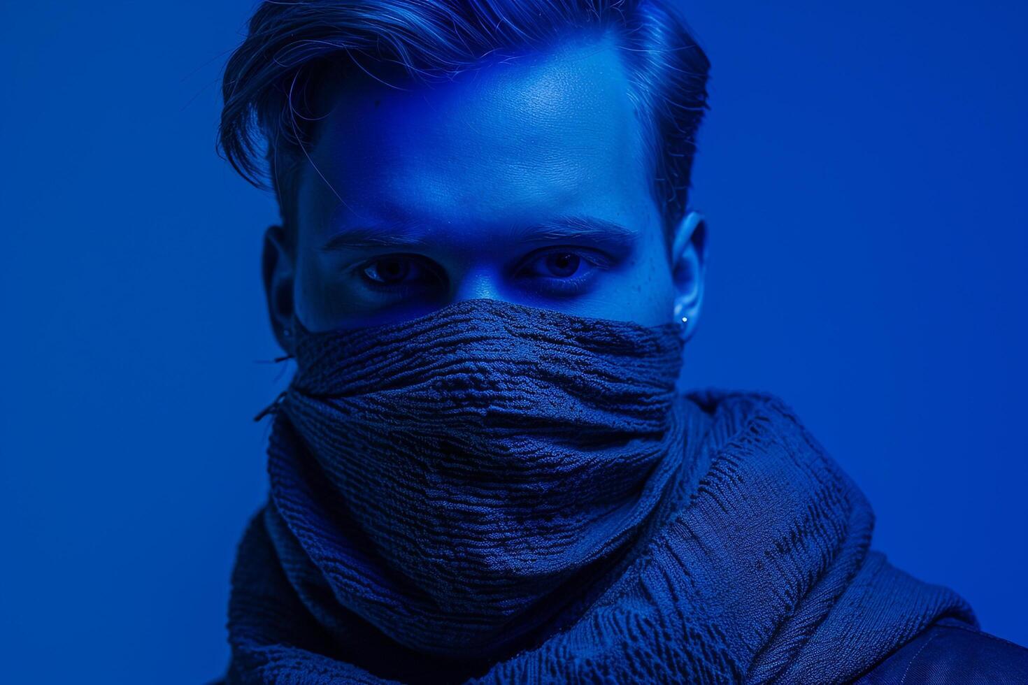 Charcoal Gray Face Mask Fashion Male Model with Neon Blue Background Stylish and Trendy Lifestyle portrait for Modern Apparel photo