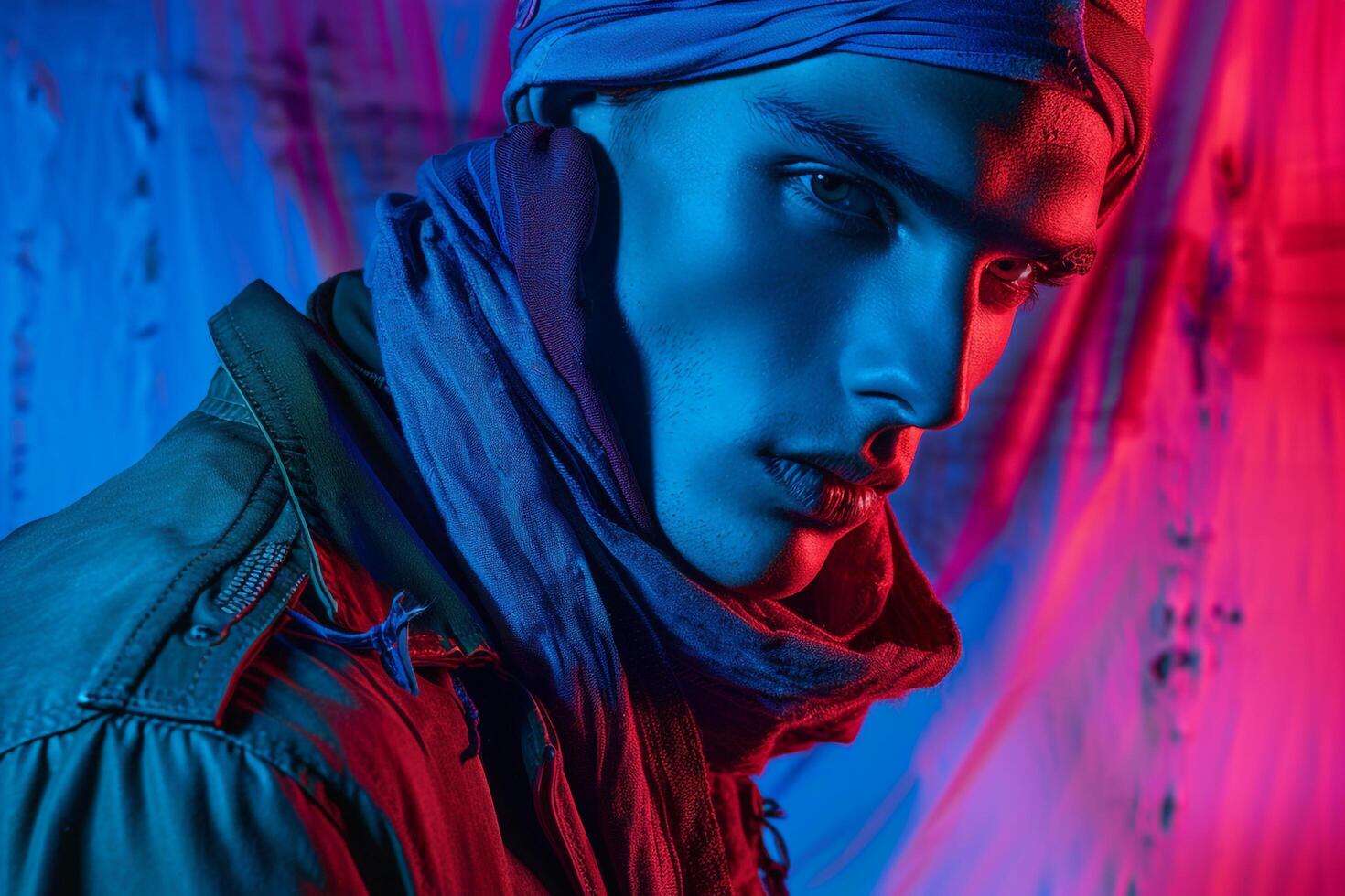 Fashion Male Model in Matte Black Face Mask with Neon Green Background Trendy and Stylish Lifestyle portrait for Modern Apparel photo