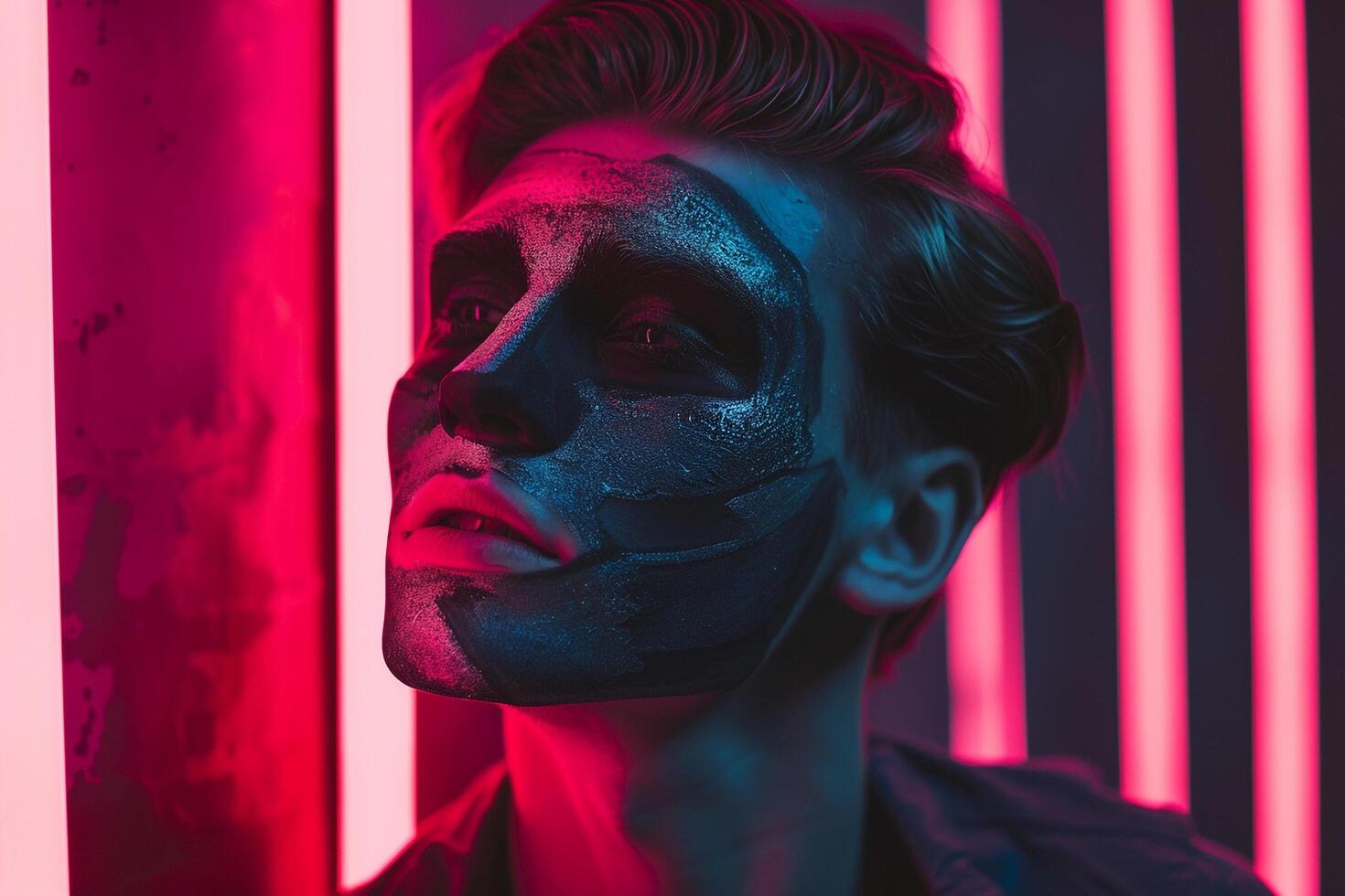 Charcoal Gray Face Mask Male Model with Neon pink Background Trendy and Fashionable Lifestyle portrait for Modern Apparel photo