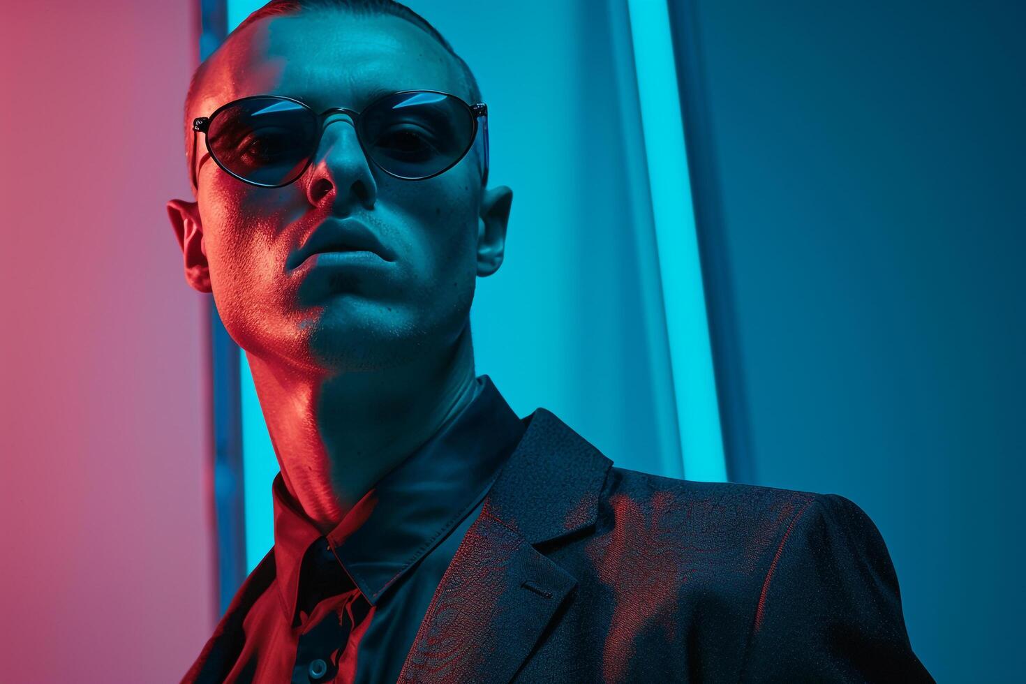 Dark eyewear Fashion Male Model with Neon Aqua Background Stylish and Trendy Lifestyle portrait for Urban Fashion photo
