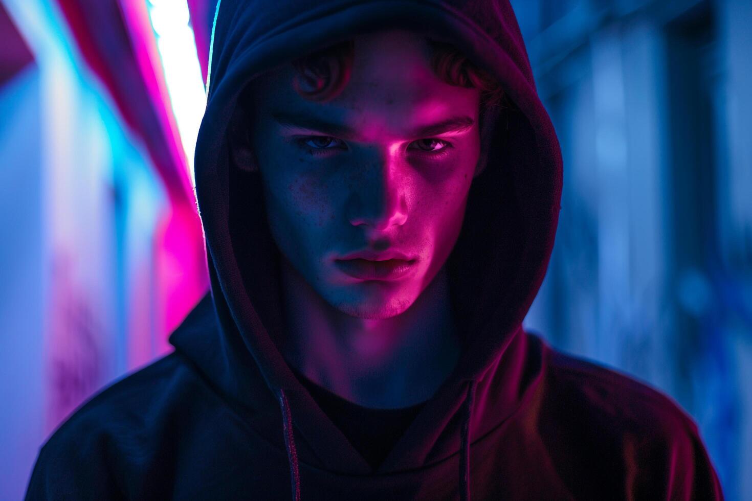 Matte Black Hoodie Fashion Male Model with Neon Aqua Background Trendy Lifestyle portrait for Urban Fashion enthusiasts photo