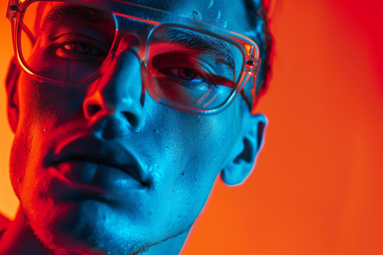 Gradient eyewear Male Model with Neon Red Background Chic and Trendy Lifestyle portrait for Urban Fashion photo