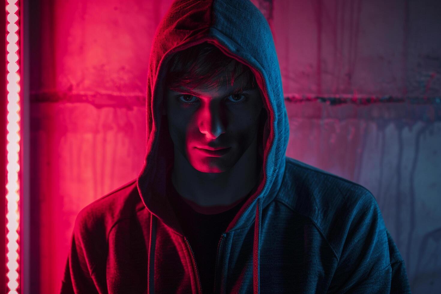 Dark Grey Hoodie Fashion Male Model with Neon Coral Background Chic and Trendy Lifestyle portrait for Urban Apparel photo
