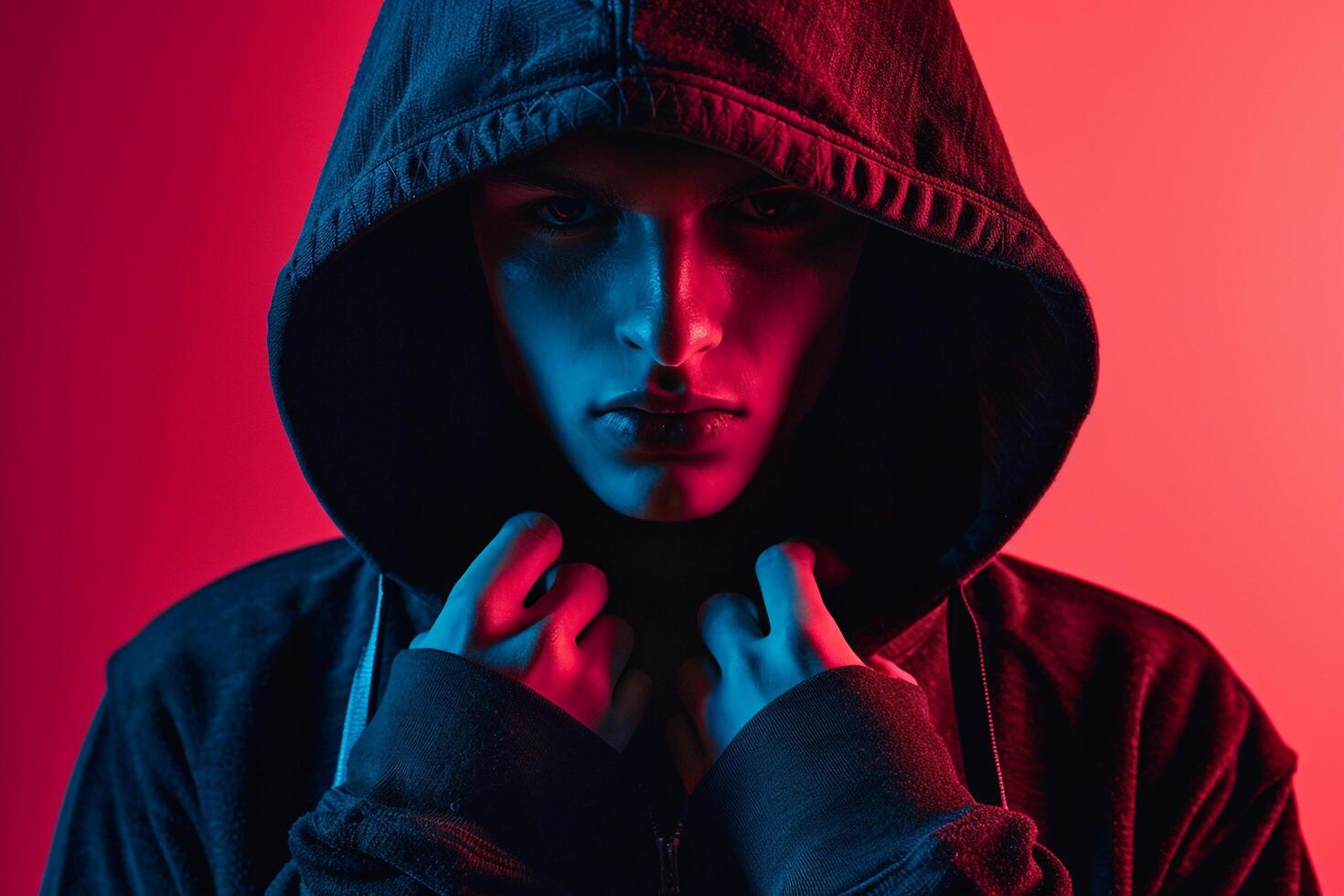 Dark Grey Hoodie Male Model with Neon Coral Background Chic and Trendy Lifestyle portrait for Urban Fashion enthusiasts photo