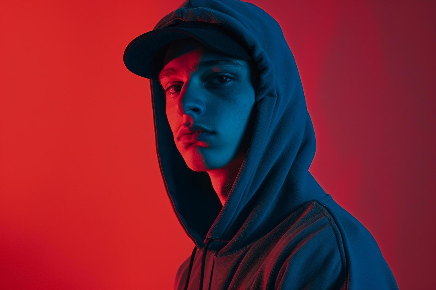 Dark Grey Hoodie Male Model with Neon Coral Background Stylish and Trendy Lifestyle portrait for Urban Fashion photo