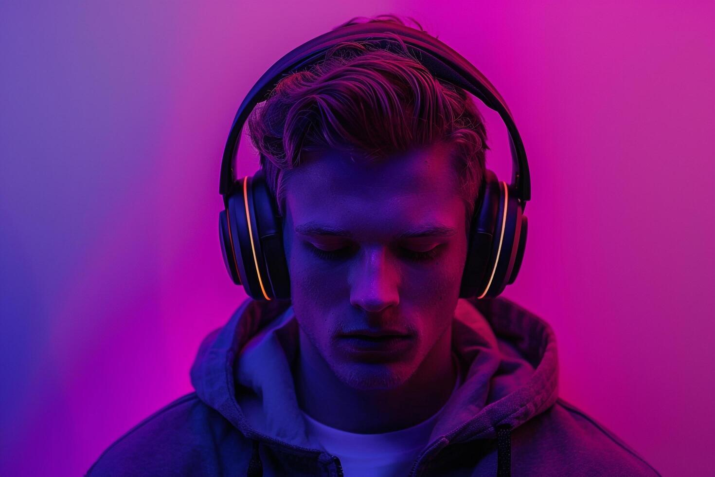Stylish Fashion Male Model Wearing Glossy Headphones with Neon purple Background Trendy Lifestyle portrait for Modern Males Fashion photo