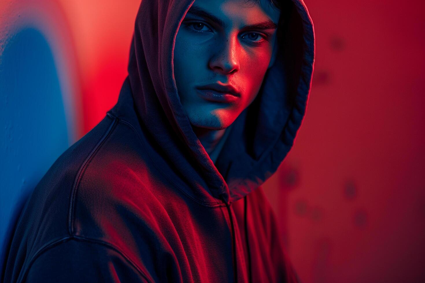 Stylish Fashion Male Model in Dark Red Hoodie with Neon Blue Background Trendy Lifestyle portrait for Contemporary Males Apparel photo