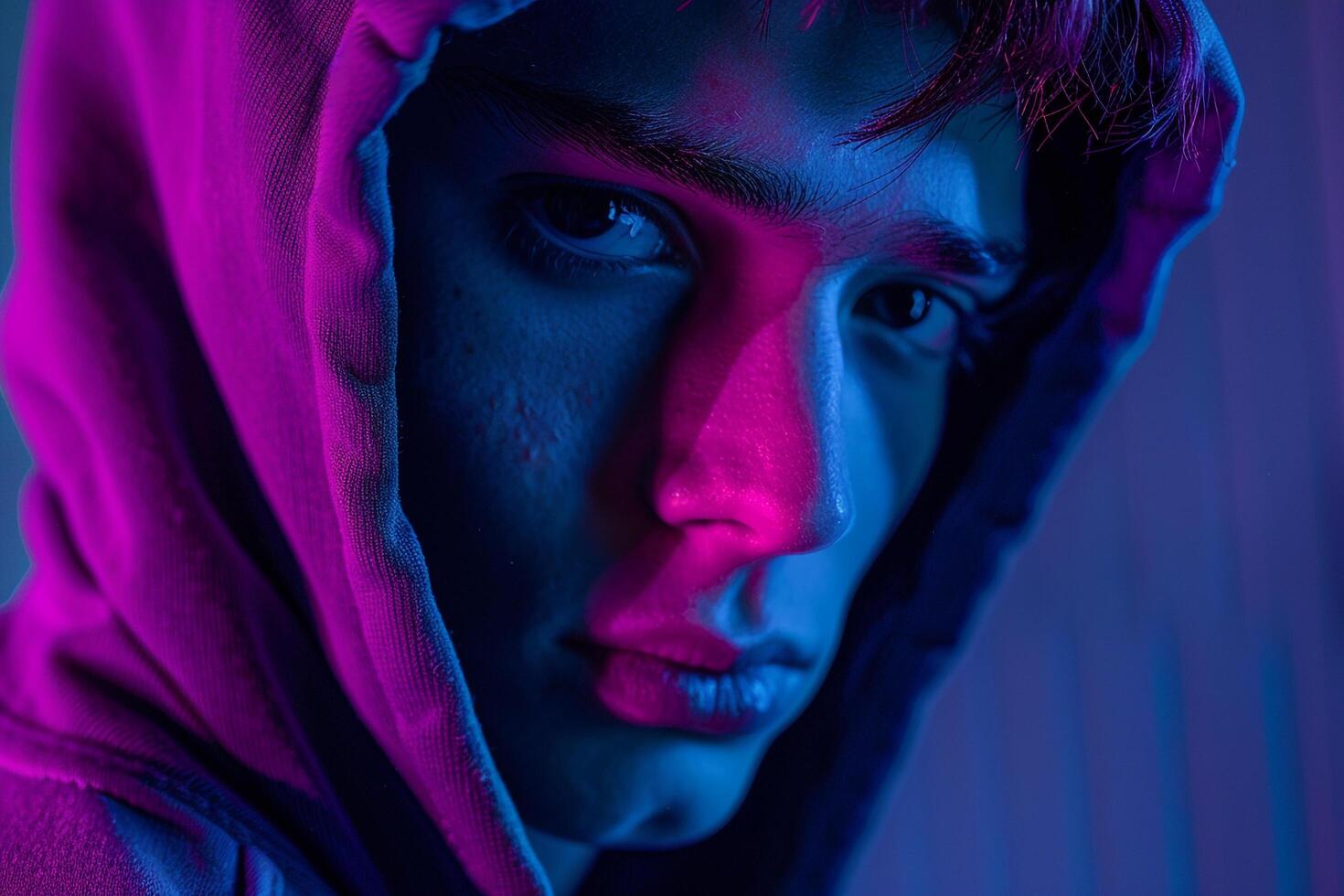 Stylish Fashion Male Model in Dark purple Hoodie with Neon Teal Background Trendy Lifestyle portrait for Contemporary Males Fashion photo