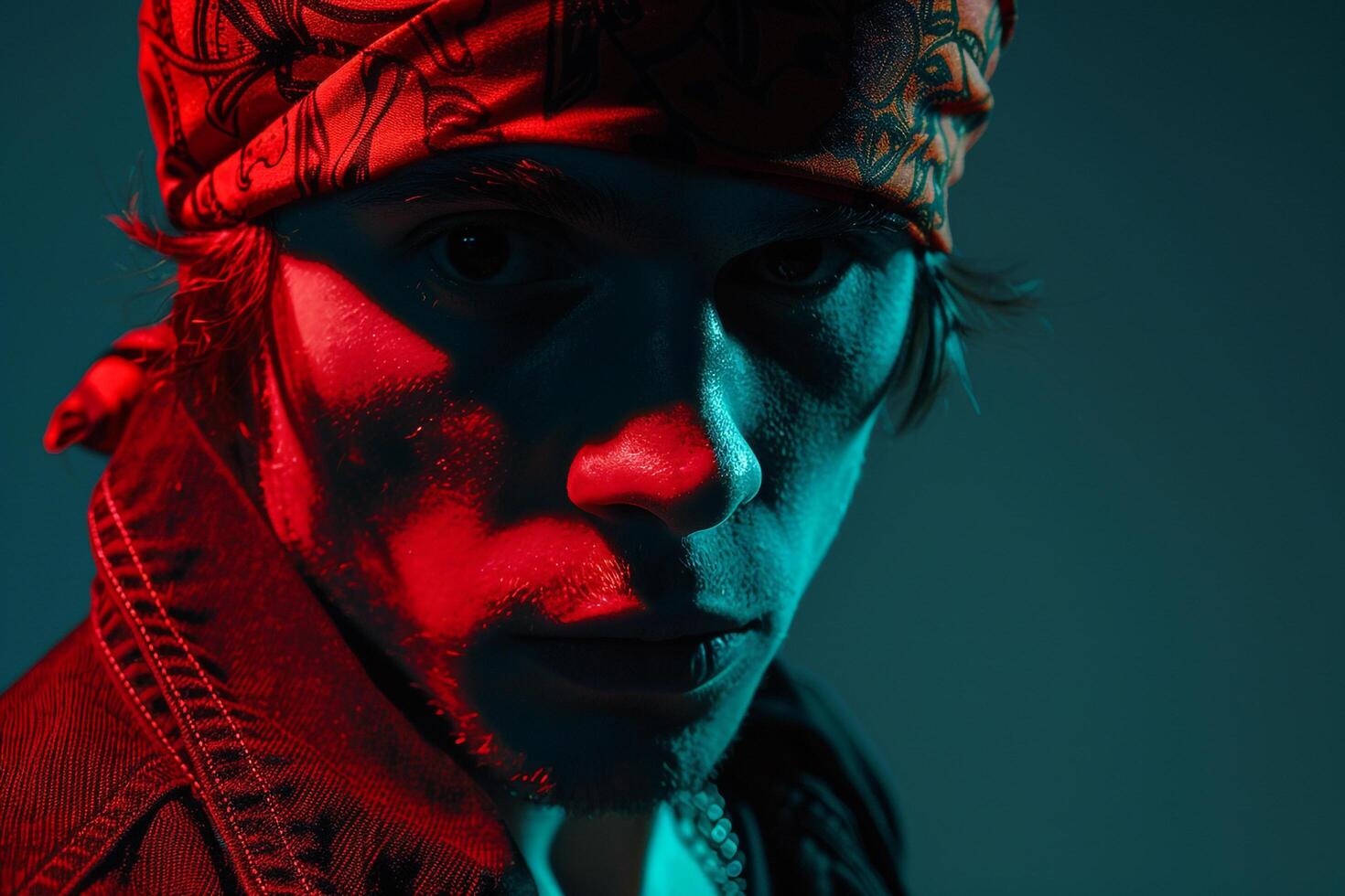 Handsome Fashion Male Model in Dark Red Bandana with Neon Aqua Background Trendy Lifestyle portrait for Contemporary Males Fashion photo