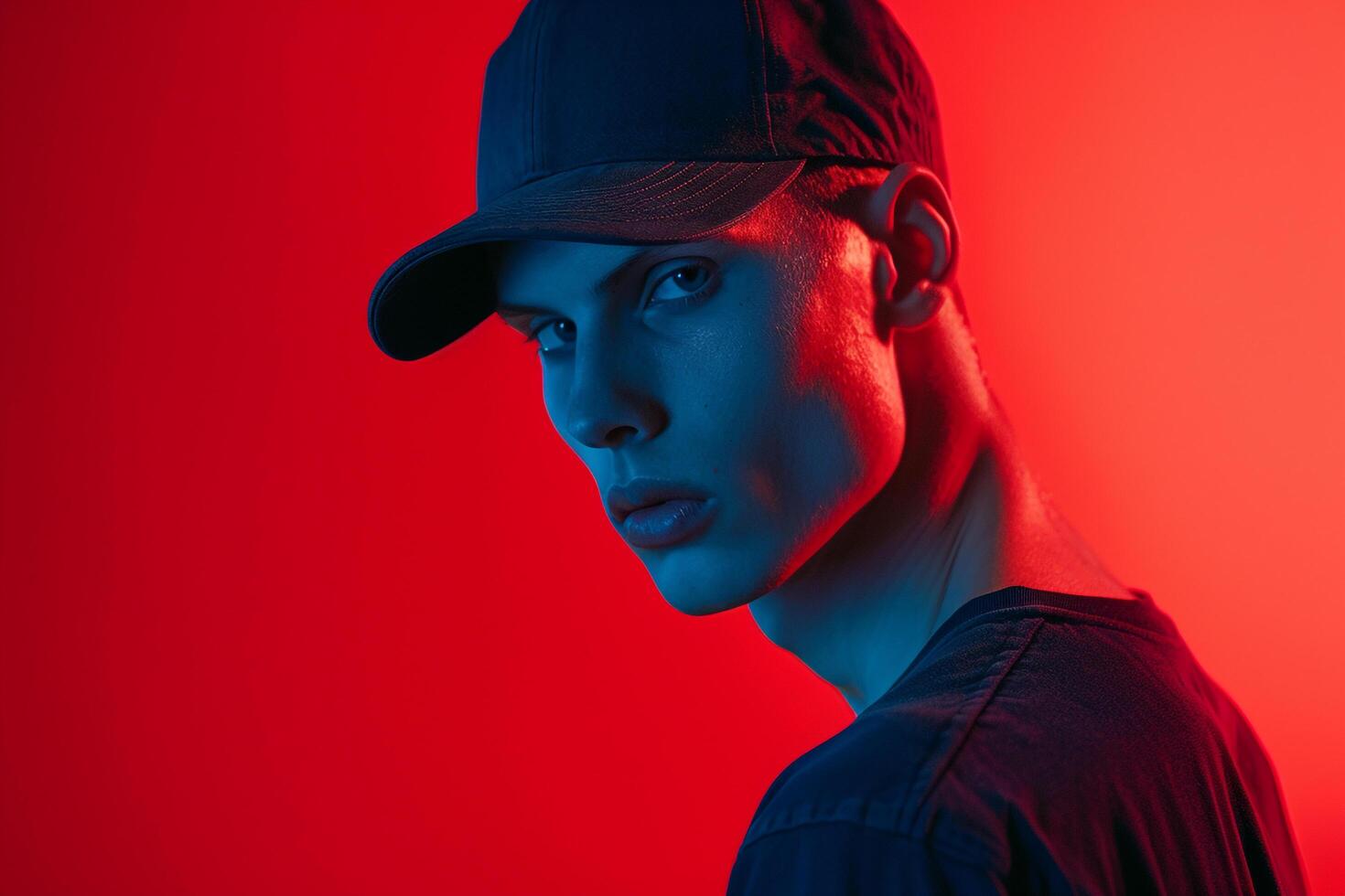 Trendy Fashion Male Model in Navy Cap with Neon Red Background Stylish Lifestyle portrait for Contemporary Males Fashion photo