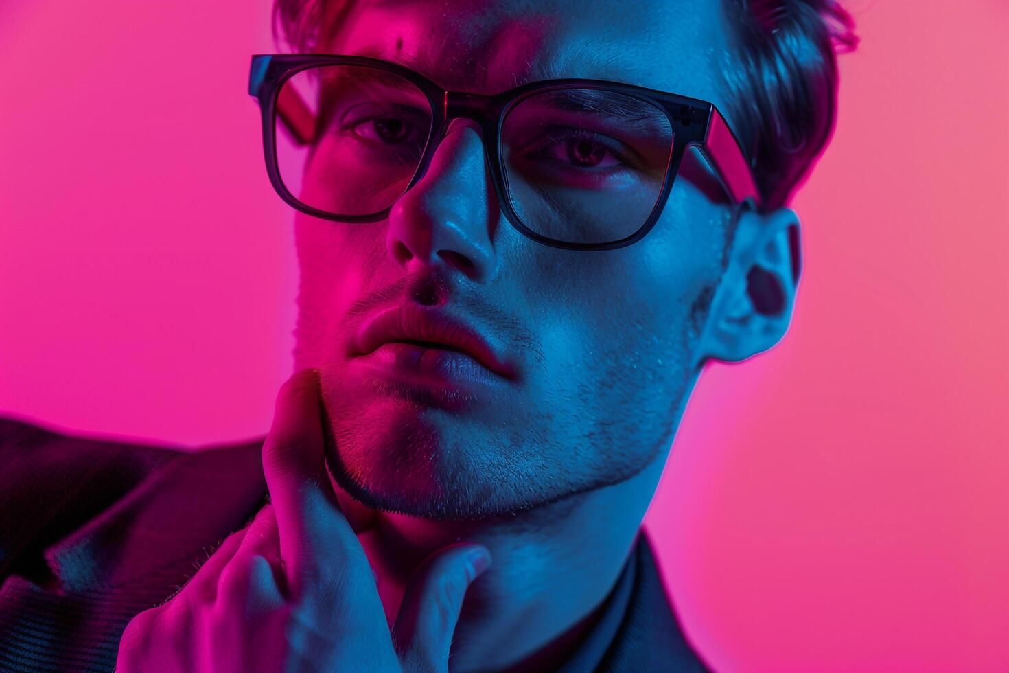 Trendy Fashion Male Model in Maleswear eyewear with Neon pink Background Chic Lifestyle portrait for Modern Males Fashion photo