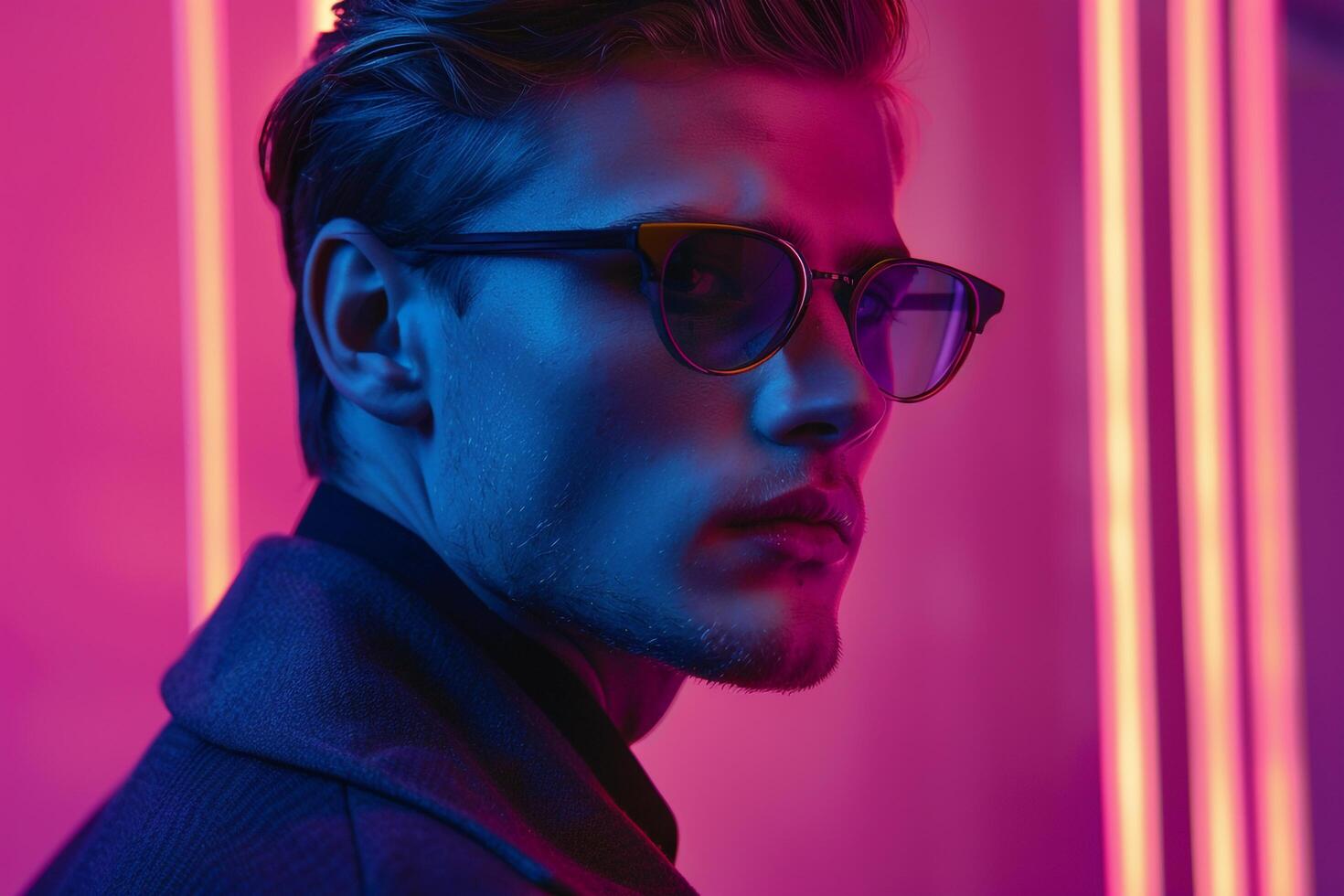 Handsome Fashion Male Model in Maleswear eyewear with Neon pink Background Stylish Lifestyle portrait for Contemporary Males Fashion photo