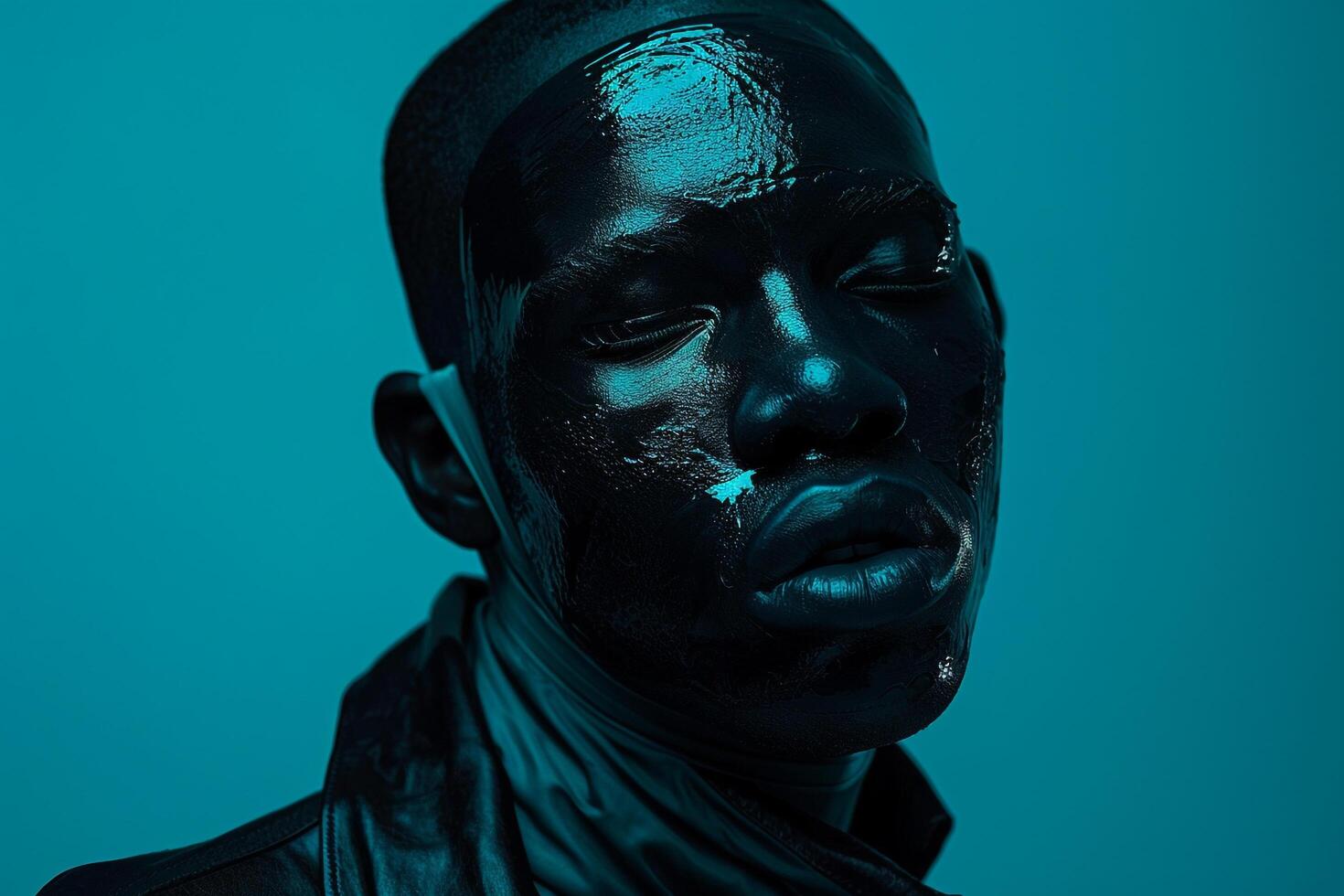 Trendy Fashion Male Model in Black Face Mask with Neon Teal Background Modern Lifestyle portrait for Males Fashion photo
