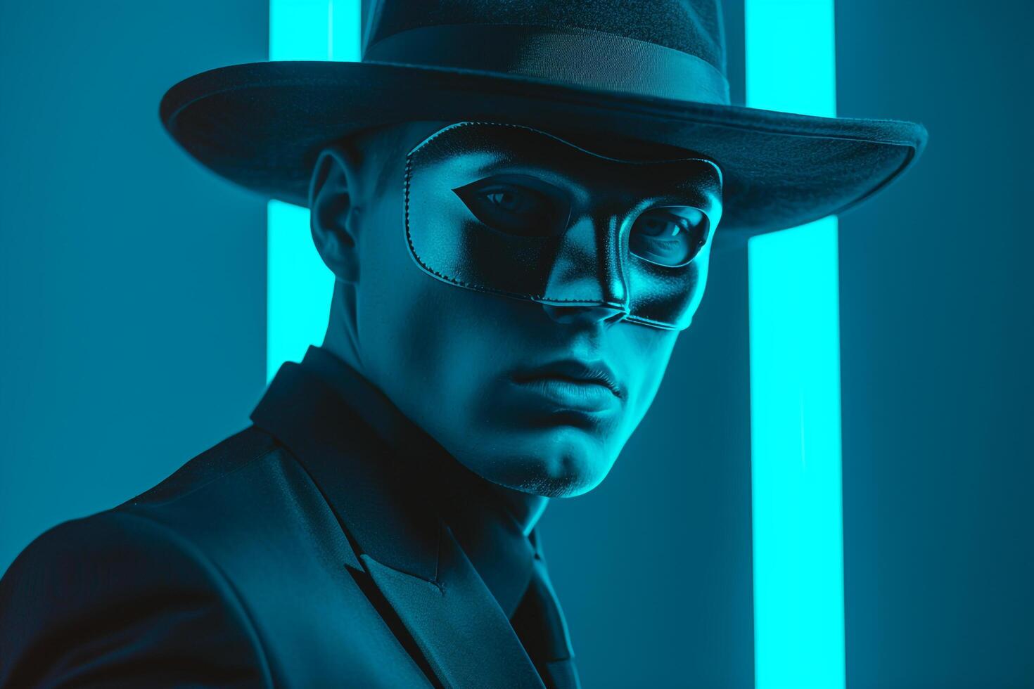Handsome Fashion Male Model in Black Face Mask with Neon Teal Background Stylish Lifestyle portrait for Trendy Males Fashion photo