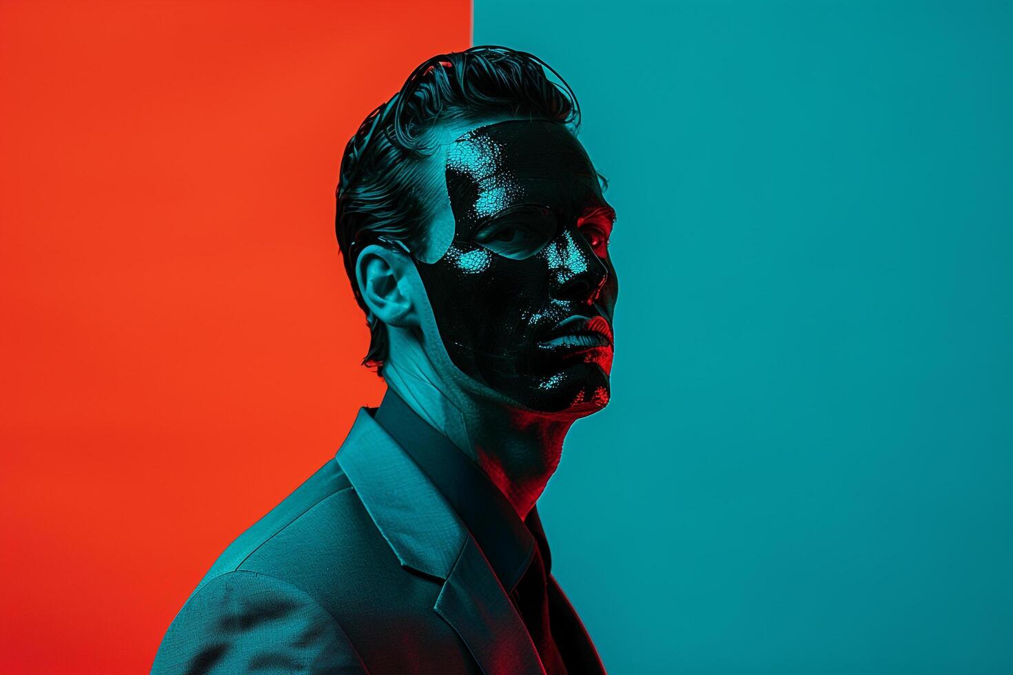 Fashion Male Model in Black Face Mask with Neon Teal Background Chic Lifestyle portrait for Trendy Males Fashion photo