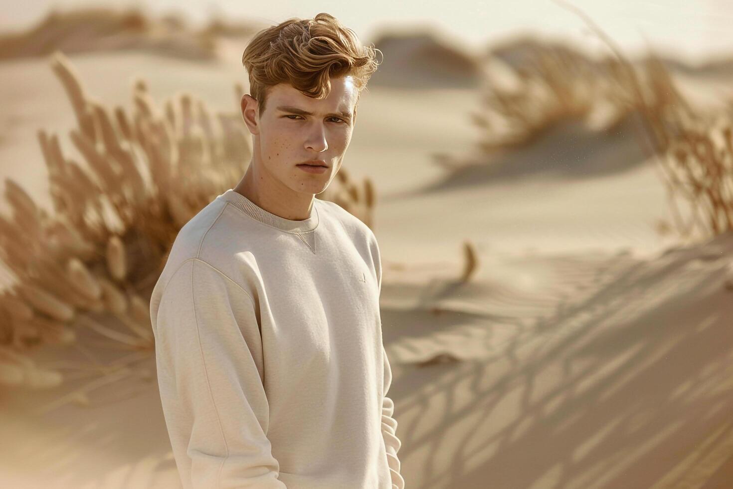 Stylish Fashion Male Model in polished Sweatshirt with Light Sand Background Trendy Lifestyle portrait for Males Apparel photo