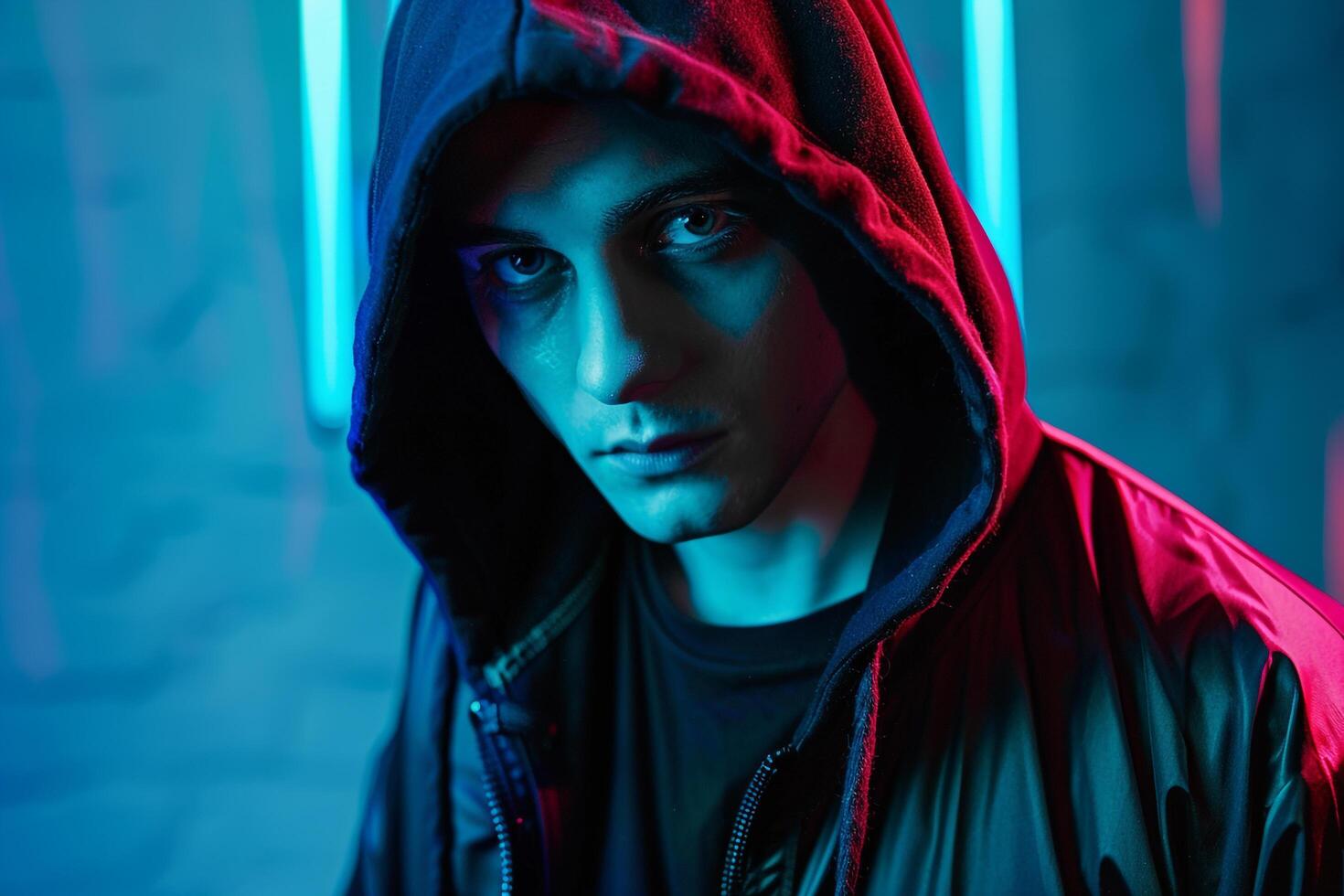 Fashion Male Model in Matte Black Hoodie with Neon Aqua Background Chic Lifestyle portrait for Trendy Males Fashion photo