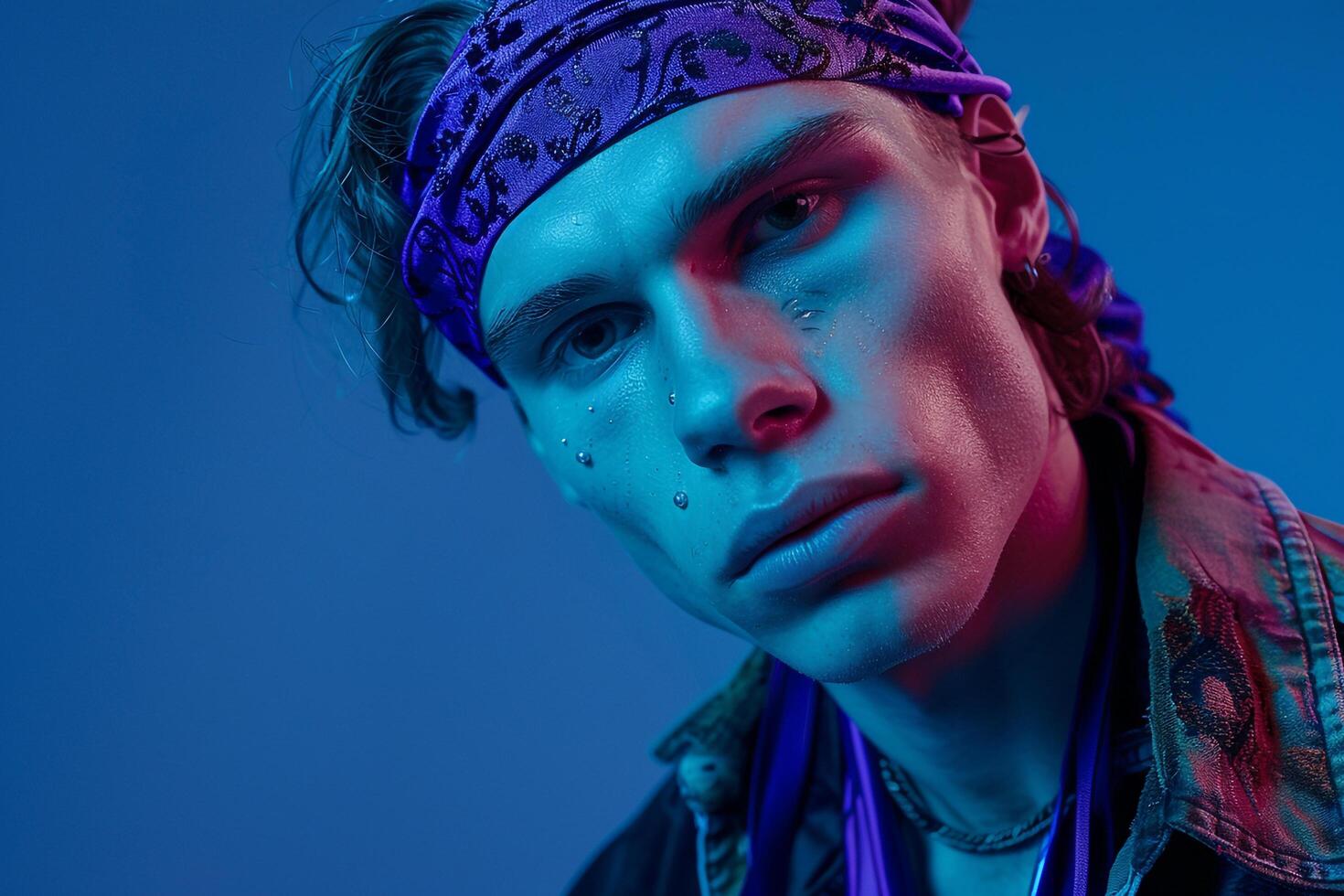 Handsome Fashion Male Model in Dark purple Bandana with Neon Aqua Background Stylish Lifestyle portrait for Contemporary Males Fashion photo