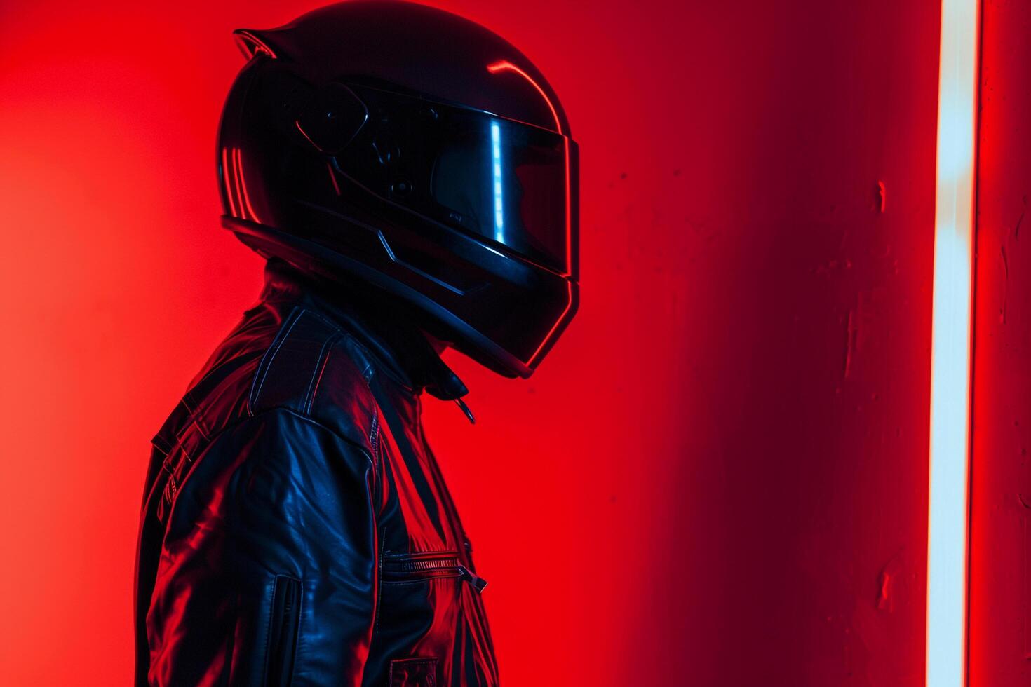 Fashion Male Model in Matte Black Fashion Helmet with Neon Red Background Stylish Lifestyle portrait for Males Fashion photo