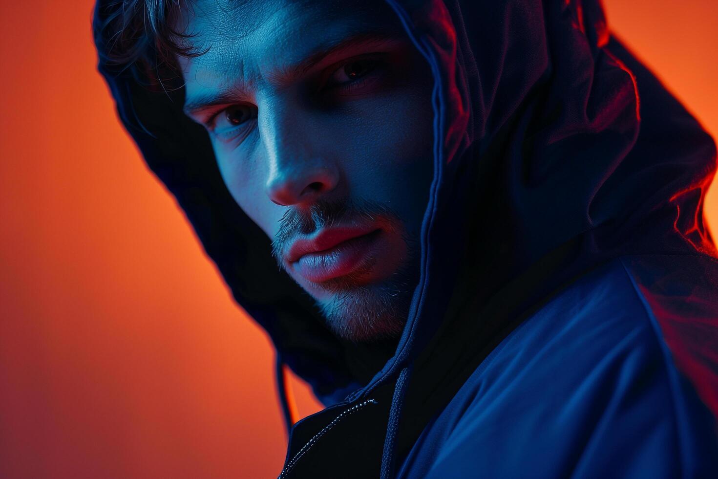 Fashion Male Model in Dark Blue Hoodie with Neon Orange Background Chic Lifestyle portrait for Modern Males Fashion photo