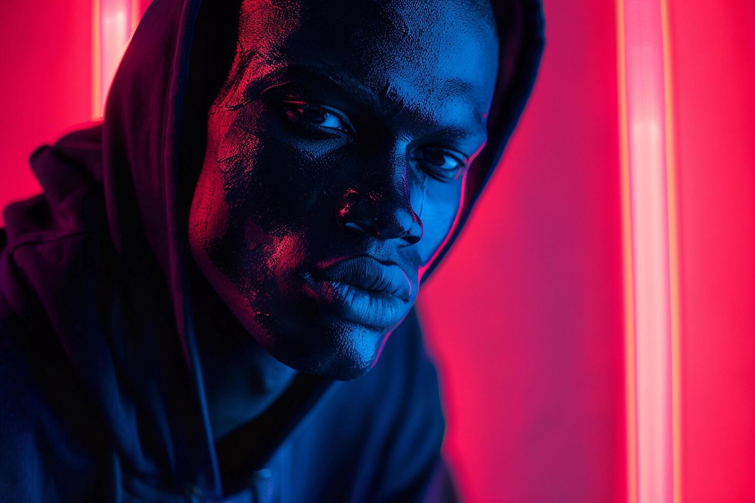 Handsome Fashion Male Model in Black Face Mask with Neon Coral Background Trendy Lifestyle portrait for Modern Males Fashion photo