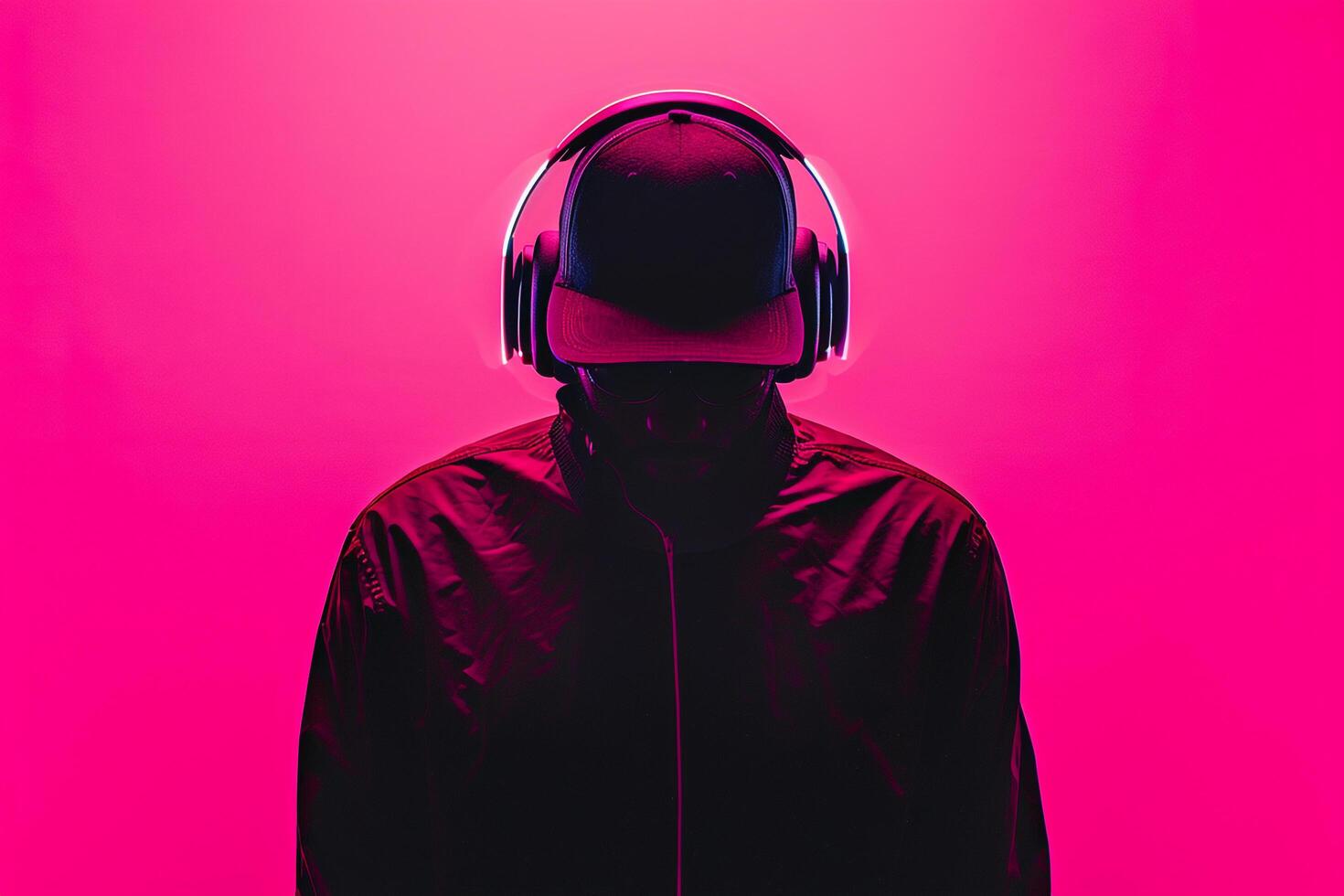 Fashion Male Model in Matte Black Headphones with Neon pink Background Stylish Lifestyle portrait for Males Fashion photo