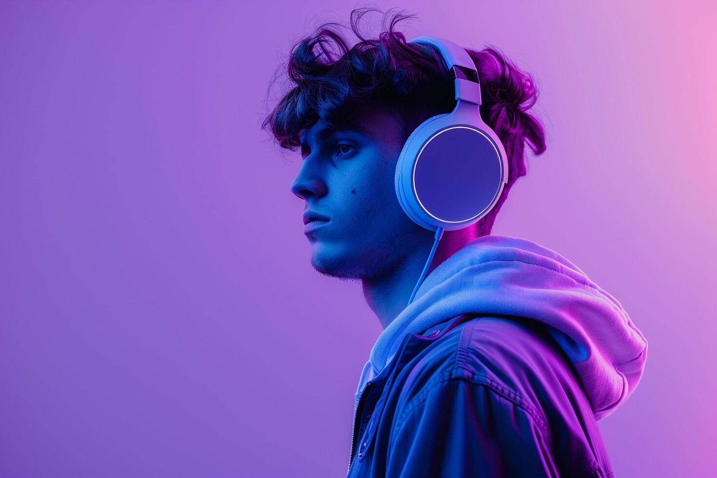 Handsome Fashion Male Model in Matte Gray Headphones with Neon purple Background Trendy Lifestyle portrait for Males Fashion photo