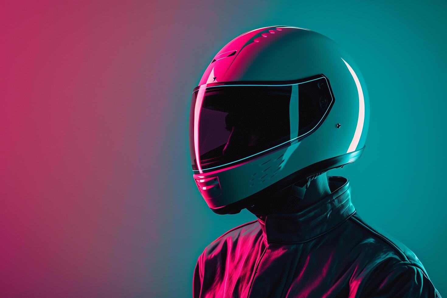 Fashion Male Model in Dark Grey Fashion Helmet with Neon Teal Background Trendy Lifestyle portrait for Contemporary Males Fashion photo