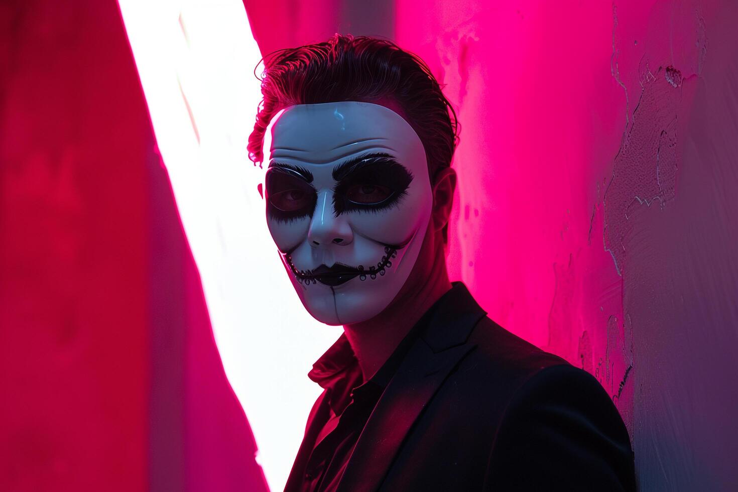Handsome Fashion Male Model in Charcoal Face Mask with Neon pink Background Modern Lifestyle portrait for Males Fashion photo