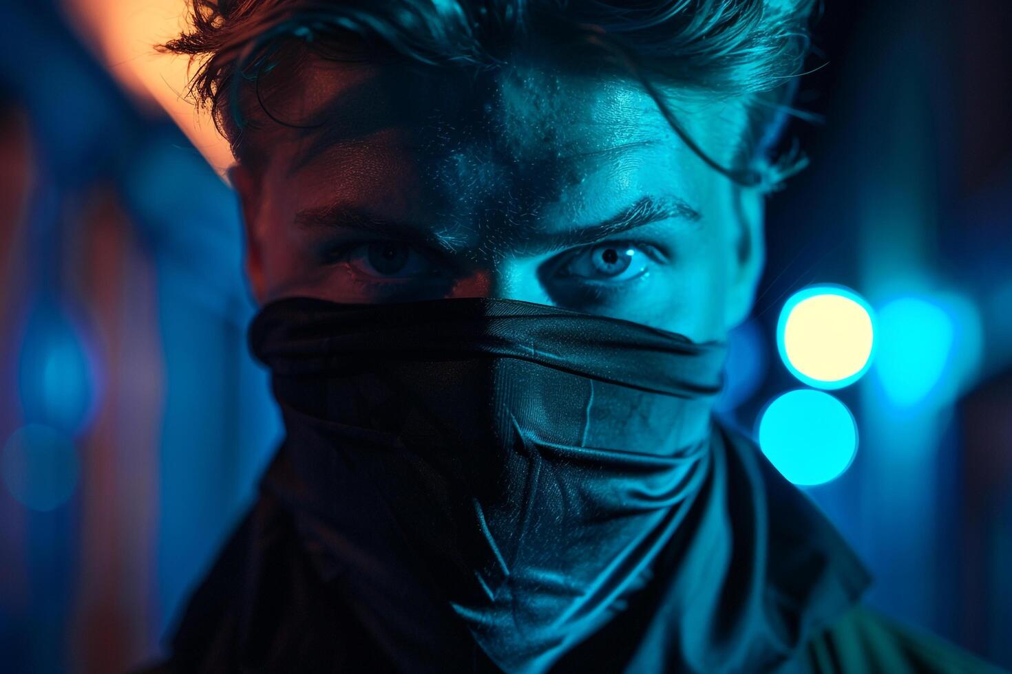 Handsome Fashion Male Model in Matte Black Bandana with Neon Teal Background Chic Lifestyle portrait for Males Fashion photo