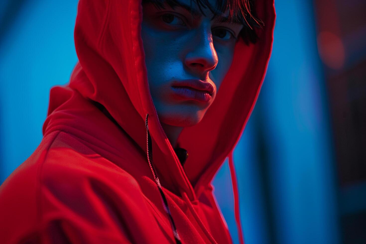 Fashion Male Model in Dark Red Hoodie with Neon Blue Background Stylish Lifestyle portrait for Contemporary Males Fashion photo