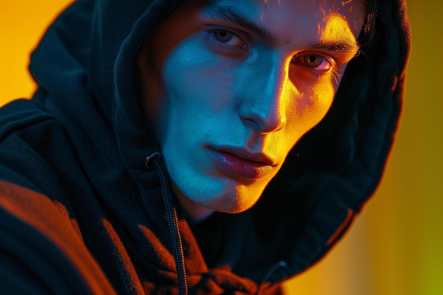 Trendy Fashion Male Model in Matte Black Hoodie with Neon Yellow Background Chic Lifestyle portrait for Males Fashion photo