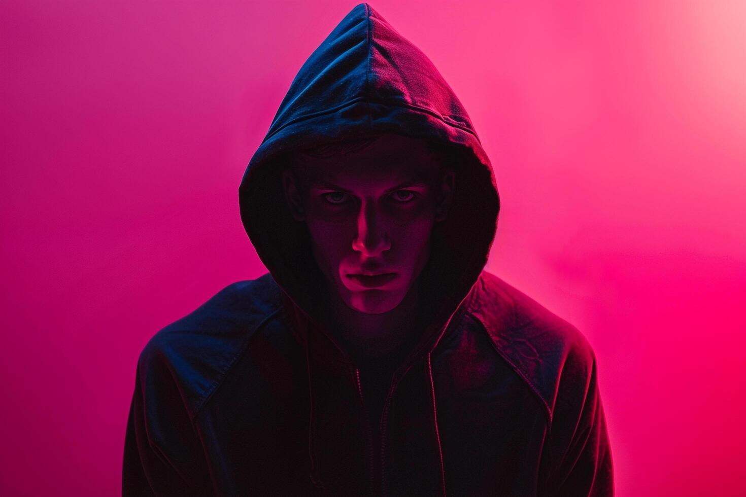 Handsome Fashion Male Model in Matte Black Hoodie with Neon pink Background Modern Lifestyle portrait for Males Fashion photo