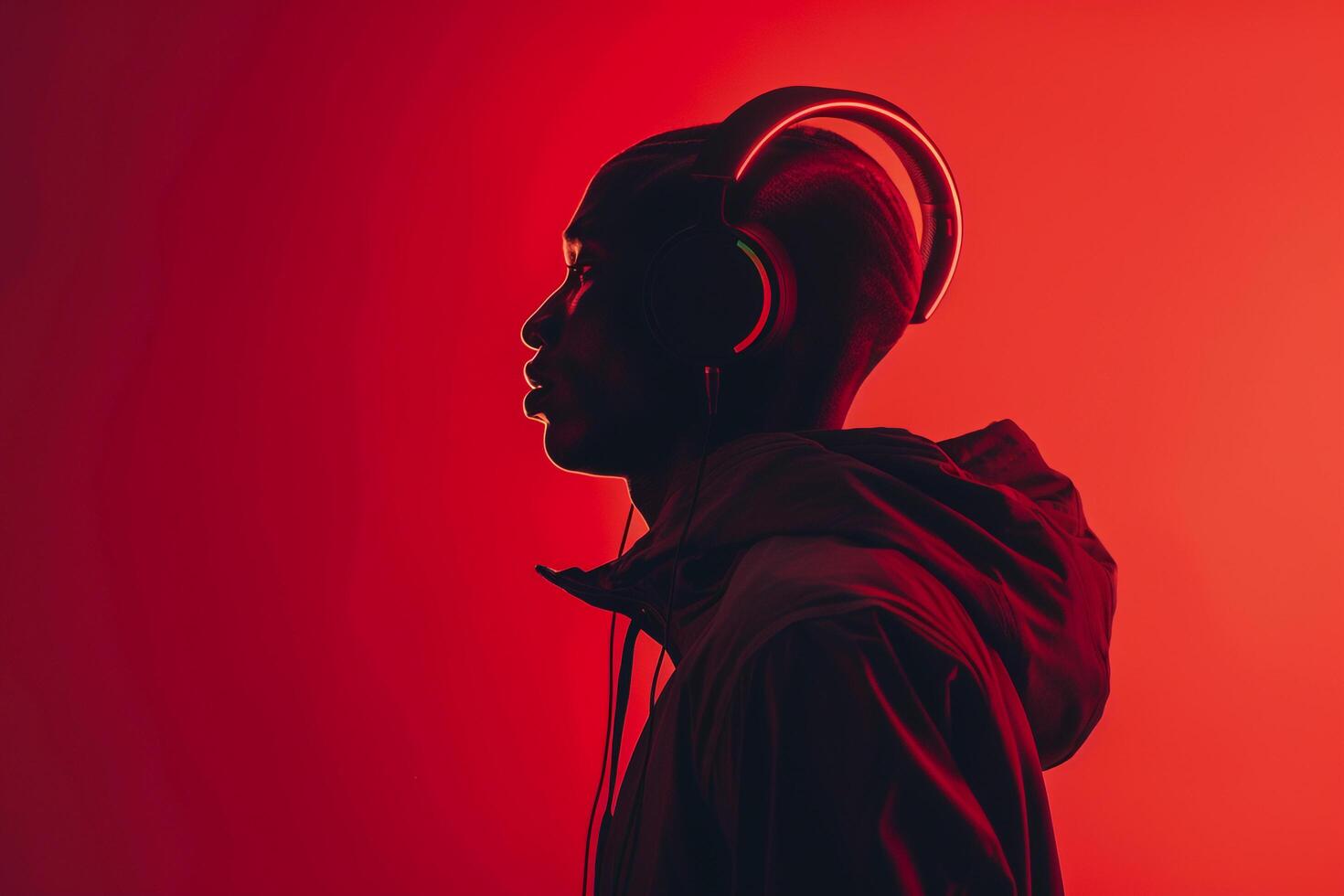 Handsome Fashion Male Model in Charcoal Headphones with Neon Red Background Trendy Lifestyle portrait for Males Fashion photo