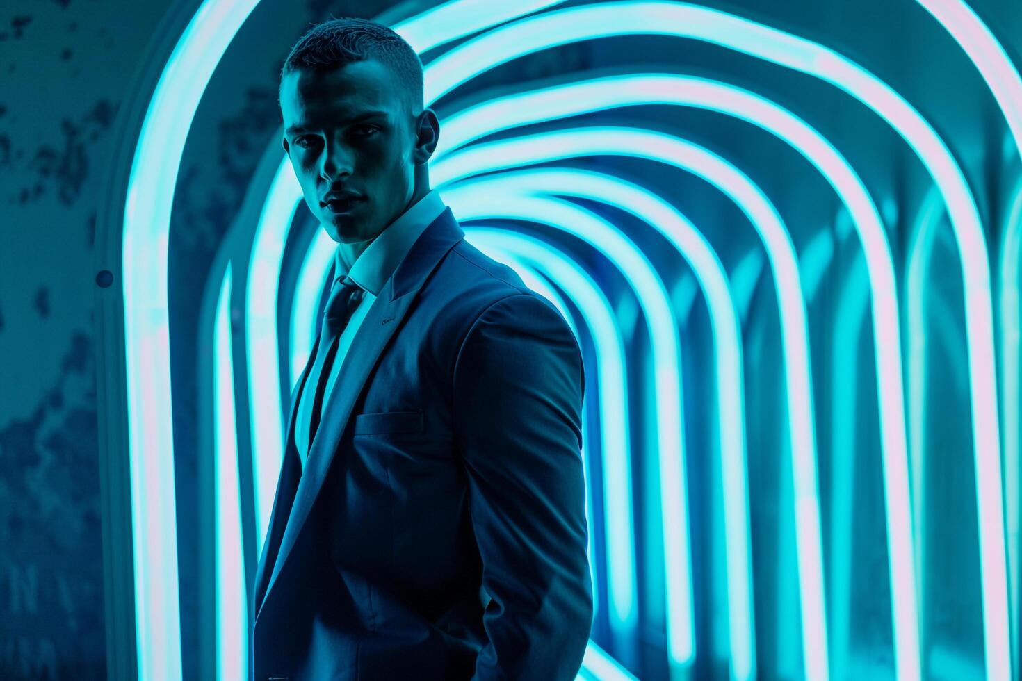 Fashion Male Model in Navy Suit with Neon Teal Background Stylish Lifestyle portrait for Modern Males Fashion photo