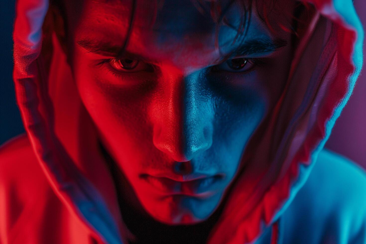 Handsome Fashion Male Model in Dark Red Hoodie with Neon Blue Background Stylish Lifestyle portrait for Males Fashion photo
