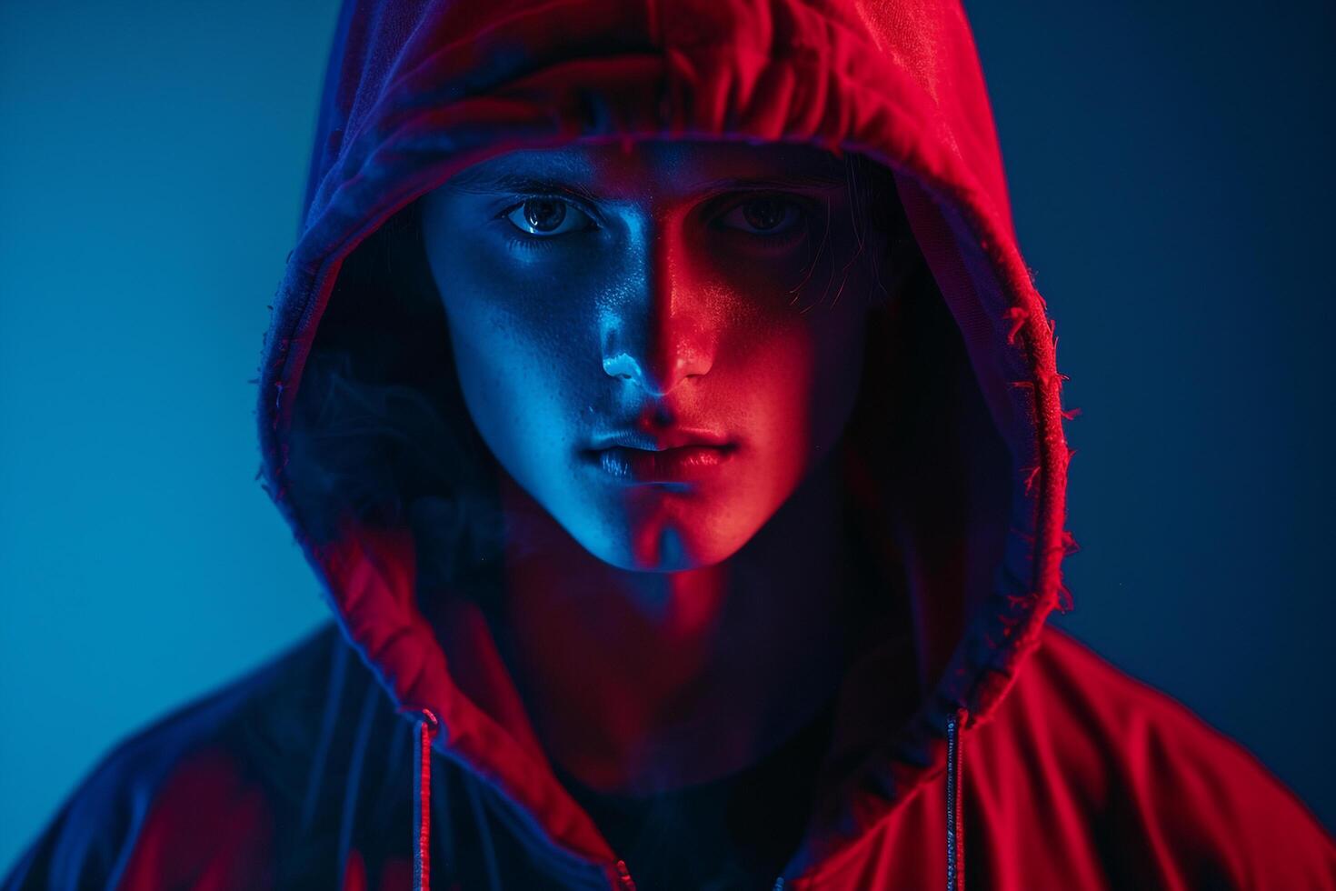 Handsome Fashion Male Model in Dark Red Hoodie with Neon Blue Background Trendy Lifestyle portrait for Males Fashion photo