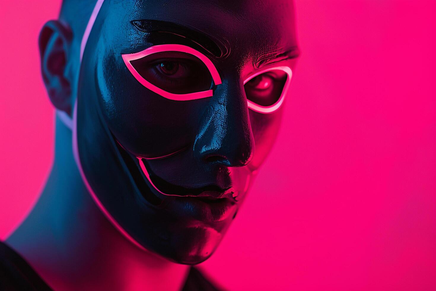 Trendy Fashion Male Model in Charcoal Gray Face Mask with Neon pink Background Contemporary Lifestyle portrait for Males Fashion photo