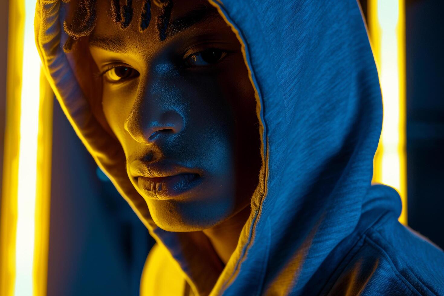 Trendy Fashion Male Model in Gray Hoodie with Neon Yellow Background Chic Lifestyle portrait for Males Fashion photo