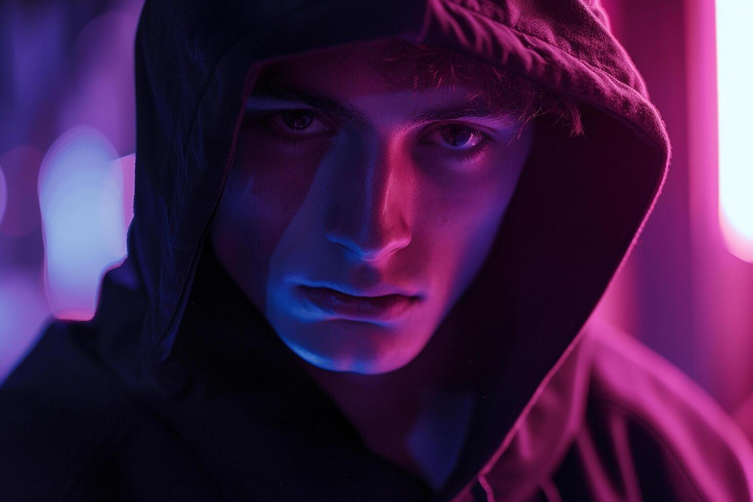 Handsome Fashion Male Model in Matte Black Hoodie with Neon purple Background Contemporary Lifestyle portrait for Males Fashion photo