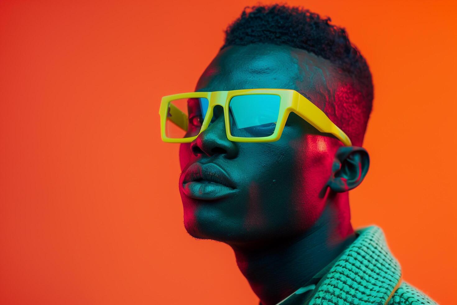 Fashionable Handsome Male Model in Neon Yellow eyewear with Neon Orange Accents Set Against a Trendy Neon Lifestyle Background Chic Males portrait photo