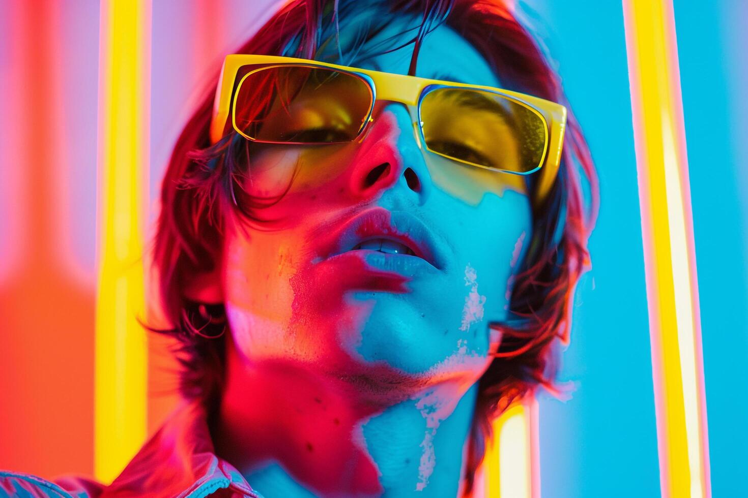 Contemporary Handsome Fashion Male Model in Neon Yellow eyewear with Neon Red Details Set Against a Trendy Neon Lifestyle Background Stylish Males portrait photo